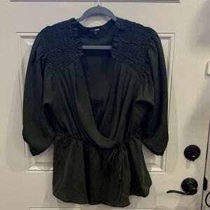 Fashion Nova Olive Green Smocked Shoulder Wrap Blouse